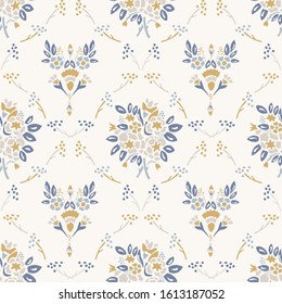 French shabby chic damask vector texture background. Dainty flower bouquet off white seamless pattern. Hand drawn floral interior home decor wallpaper. Classic cottage farmhouse style all over print svg