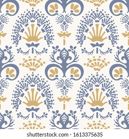 French shabby chic damask vector texture background. Antique white yellow blue flourish seamless pattern. Hand drawn floral interior wallpaper home decor swatch. Classic baroque style all over print