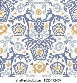  French shabby chic damask vector texture background. Antique white yellow blue flourish seamless pattern. Hand drawn floral interior wallpaper home decor swatch. Classic baroque style all over print
