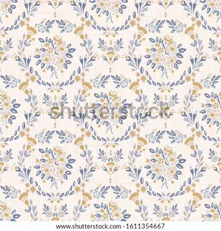 French shabby chic damask vector texture background. Dainty flower bouquet on off white seamless pattern. Hand drawn floral interior home decor wallpaper. Classic cottage farmouse style all over print