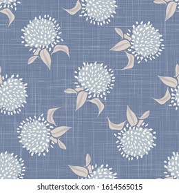 French shabby chic floral linen vector texture background. Pretty dandelion flower on blue seamless pattern. Hand drawn floral interior home decor swatch. Classic rustic farmhouse style all over print