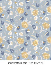 French shabby chic floral vector texture background. Dainty flower in blue yellow on off white seamless pattern. Hand drawn floral interior home decor swatch. Classic farmhouse style all over print