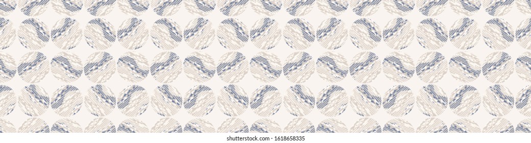 French shabby chic stylized dotty vector texture border background. White blue polka dot textured seamless banner pattern. Modern beige melange ribbon edge. Marl blotched circle style washi tape trim