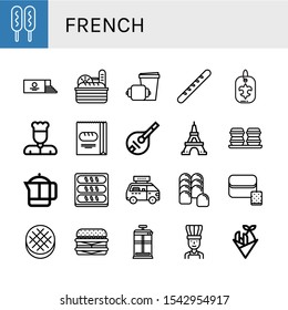 french simple icons set. Contains such icons as Corn dog, Loaf, Bread, Croissant, Baguette, Fleur de lis, Chef, Mandolin, Eiffel tower, Macaroons, can be used for web, mobile and logo