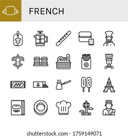 french simple icons set. Contains such icons as Croissant, Fleur de lis, French press, Baguette, Bread, Chef, Macaroons, French fries, Loaf, can be used for web, mobile and logo