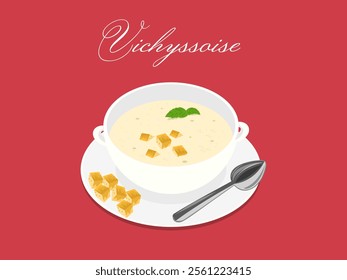 French soup Vichyssoise on a red background. Traditional French cuisine.