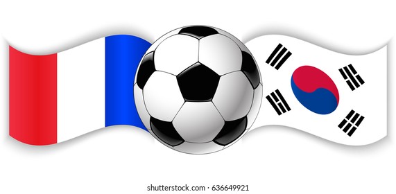 French and South Korean wavy flags with football ball. France combined with South Korea isolated on white. Football match or international sport competition concept.