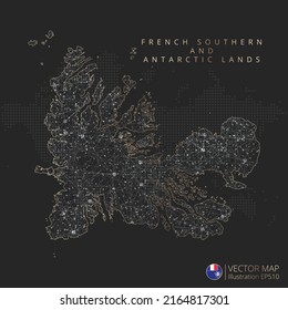 French Southern and Antarctic Lands map abstract geometric mesh polygonal light concept with black and white glowing contour lines countries and dots on dark background. Vector illustration.
