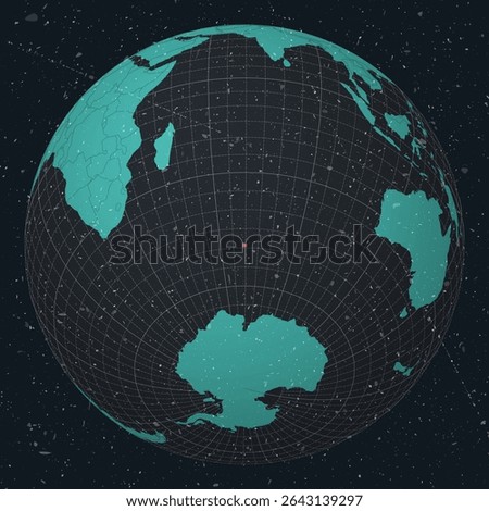 French Southern and Antarctic Lands on Globe. Vintage look with grunge scratched texture. Country view on world map in Dark Charcoal Turquoise color palette.