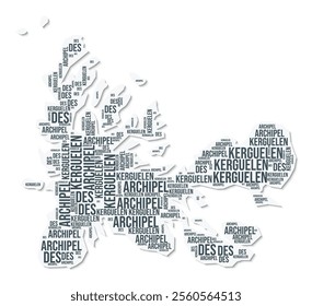 French Southern and Antarctic Lands shape text cloud. Country border with shadow on white background. French Southern and Antarctic Lands with regions division in vintage gazette style.