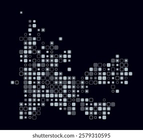 French Southern and Antarctic Lands, shape of the country build of colored cells. Digital style map of the French Southern and Antarctic Lands on dark background. Large size rounded square blocks.