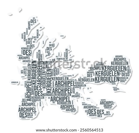 French Southern and Antarctic Lands shape text cloud. Country border with shadow on white background. French Southern and Antarctic Lands with regions division in vintage gazette style.