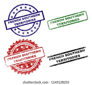 FRENCH SOUTHERN TERRITORIES seal prints with damaged style. Black, green,red,blue vector rubber prints of FRENCH SOUTHERN TERRITORIES tag with dirty style. Rubber seals with circle, rectangle,