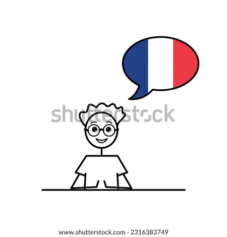 french speaking cartoon boy with speech bubble in flag of France colors, male character learning francais language vector illustration, black line sketch