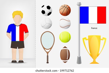 French sportsman with sport equipment collection vector illustration