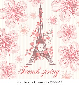 french spring vector background with Eiffel tower and flowers