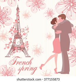 french spring vector background with kissing couple