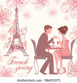 french spring vector illustration with couple on cafe