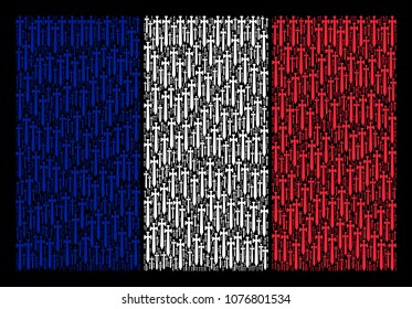 French State Flag collage combined of medieval sword pictograms. Vector medieval sword design elements are composed into conceptual France flag illustration on a black background.