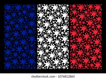 French State Flag collage composed of blot pictograms. Vector blot items are united into geometric France flag pattern on a black background.