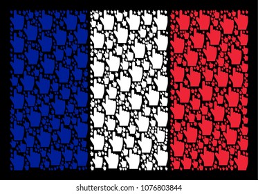 French State Flag collage done of index finger design elements. Vector index finger items are organized into mosaic French flag illustration on a black background.
