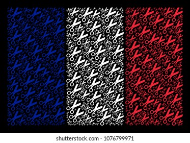 French State Flag composition combined of scissors pictograms. Vector scissors elements are organized into conceptual France flag pattern on a black background.