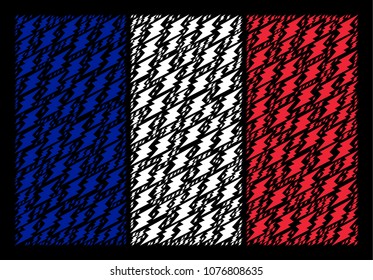 French State Flag composition combined of electric spark pictograms. Vector electric spark design elements are composed into conceptual French flag composition on a black background.