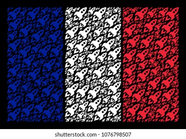 French State Flag concept combined of space rocket launch pictograms. Vector space rocket launch pictograms are organized into geometric France flag illustration on a black background.