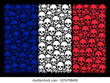 French State Flag concept organized of skull pictograms. Vector skull objects are combined into geometric French flag composition on a black background.