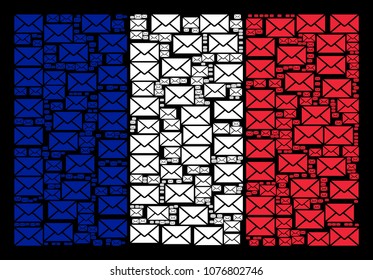 French State Flag mosaic created of mail envelope elements. Vector mail envelope objects are composed into conceptual France flag illustration on a black background.