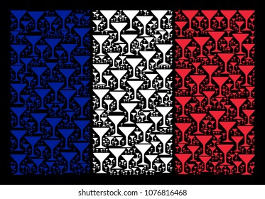 French State Flag mosaic designed of alcohol glass pictograms. Vector alcohol glass design elements are organized into geometric French flag pattern on a black background.