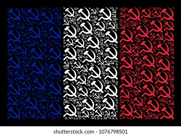 French State Flag mosaic done of sickle and hammer design elements. Vector sickle and hammer elements are organized into geometric French flag collage on a black background.