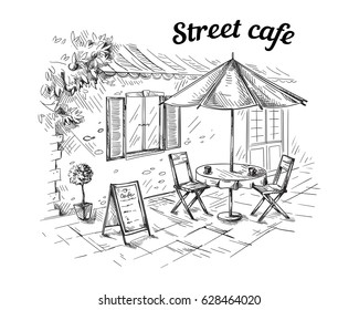 French Street Cafe, Hand Drawn Vector Illustration