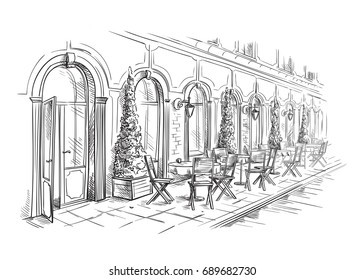 French Street Cafe, Hand Drawn Vector Illustration