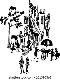 French Street Scene - Retro Clipart Illustration