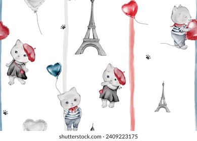 French style animals seamless pattern. Cute cartoon Parisian cat and scottish vector illustration. balloons hearts and Eiffel tower. French style dressed cats with red beret and striped frock.