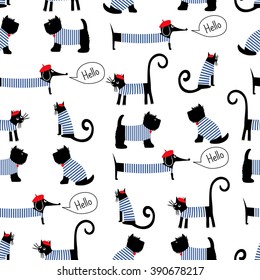 French style animals seamless pattern. Cute cartoon parisian dachshund, cat and scottish terrier vector illustration. French style dressed dogs and cats with red beret and striped frock.