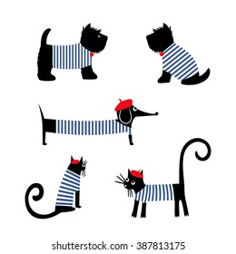 French style animals set. Cute cartoon parisian dachshund, cat and scottish terrier vector illustration. French style dressed dogs and cats with red beret and striped frock.