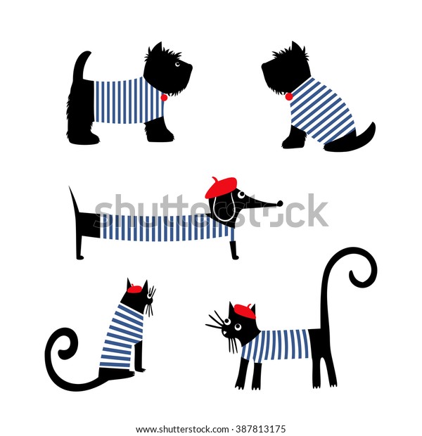 フランス風の動物セット かわいい漫画のパリジアン ダックスフント 猫とスコティッシュ テリアのベクターイラスト フランス風の服を着た犬や猫 で 赤いベレットと縞模様のフロックを身に着けた のベクター画像素材 ロイヤリティフリー