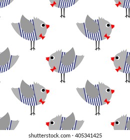 French style birdie boy seamless pattern on white background. Cute cartoon bird vector illustration. French style dressed sparrow with red bow tie and striped frock.