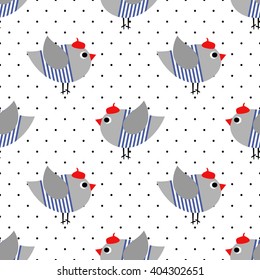 French style birdie seamless pattern on polka dots background. Cartoon parisian bird vector illustration. Child drawing style birdie. French style dressed sparrow with red beret and striped frock.