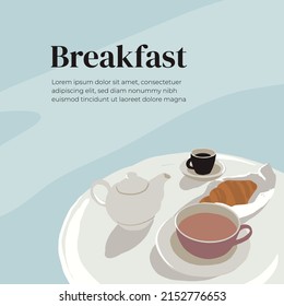 French style breakfast vector illustration. Drink cup of coffee and eat croissant. Espresso, teapot herbal or floral tea on table. Morning food in street cafe. Text banner, art poster, design template