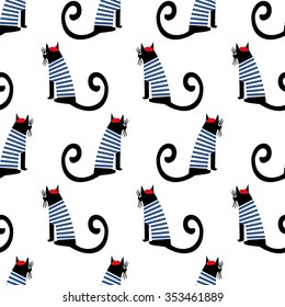 French style cat seamless pattern. Cute cartoon sitting parisian cat vector illustration. Child drawing style kitty background. French style dressed cat with red beret and striped frock.