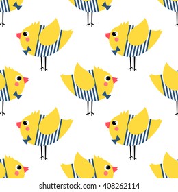 French style chicks seamless pattern on white background. Cute cartoon boys birds vector illustration. French style dressed birdies with bow tie and striped frock.