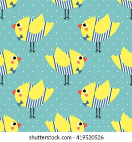 French style chicks seamless pattern on polka dot blue background. Cute cartoon boys birds vector illustration. French style dressed birdies with bow tie and striped frock.