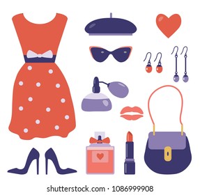 French style clothes and accessories set with polka dotted red dress, beret, sunglasses, handbag, high heel shoes, perfume, earrings and lipstick. Red and violet romantic vintage parisian lady's wear.