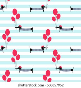 French style dog holding balloons seamless pattern on striped background. Cute cartoon parisian dachshund vector illustration. French style dressed dog with beret and striped frock.