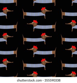 French style dog seamless pattern on black background. Cute cartoon parisian dachshund vector illustration. Child drawing style puppy background. French style dressed dog with red beret and frock.