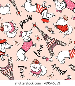 French style dog seamless pattern on pink background. Cute cartoon parisian dachshund and Eiffel tower vector illustration. French style dressed dog with red beret.