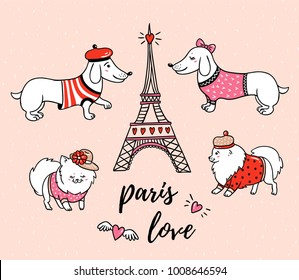 French style dogs and Eiffel tower isolated on pink background. Cute cartoon couples of parisian dachshund and  pomeranian vector illustration. French style dressed dog with red beret.